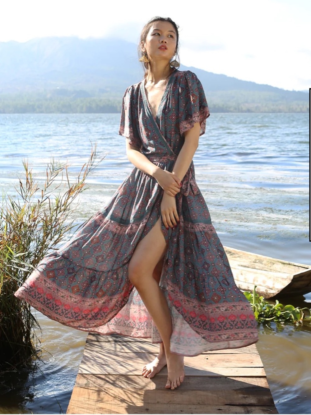 Tulle & Batiste Amira Wrap Bohemian Maxi Dress Teal and Pink Size: XS